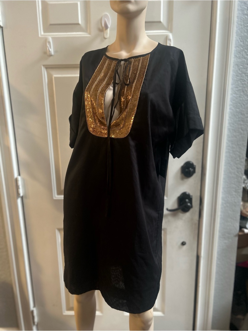 Robert Rodriguez Black Tunic Mini Dress w/ Gold Sequin Trim V neckline w/ ties